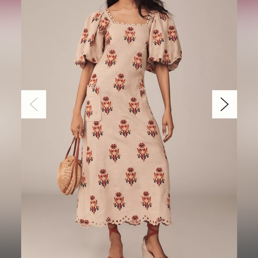 FARM Rio Puff-Sleeve Linen Embroidered Macaw Midi Dress